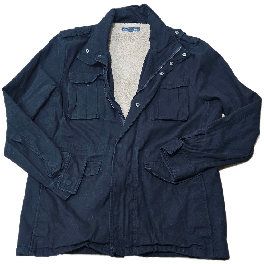Bleecker & Broad Mens Sherpa Lined Field Jacket Navy Blue Cotton Canvas‎ Large